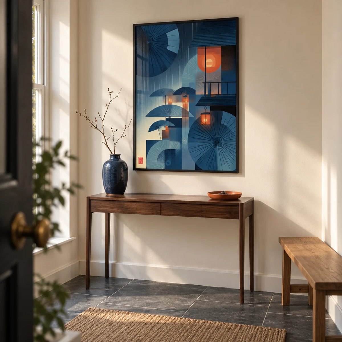 Japanese Umbrella Wall Art, framed on the wall of a considered entrance hallway in a UK city flat with a cream wall and slate floor