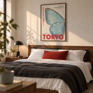 Japanese Wall Art, framed on the wall of a crisp modern bedroom with contrast