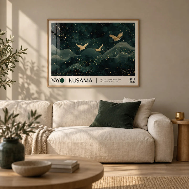 Japanese Wall Hanging, framed on the wall of a calm Japandi living room with a warm greige wall and a pale oak floor
