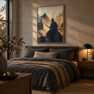 Japanese Warrior Art, framed on the wall of a calm masculine bedroom