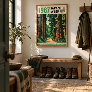 Japanese Woodblock Prints for Sale, framed on the wall of a boot room hallway