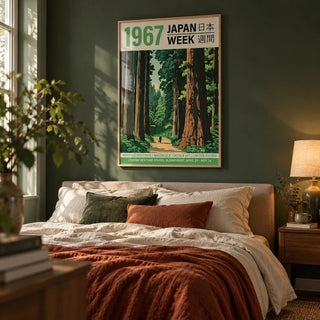 Japanese Woodblock Prints for Sale, framed on the wall of a calm bedroom with a forest green wall