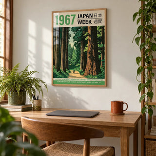 Japanese Woodblock Prints for Sale, framed on the wall of a home office with plants