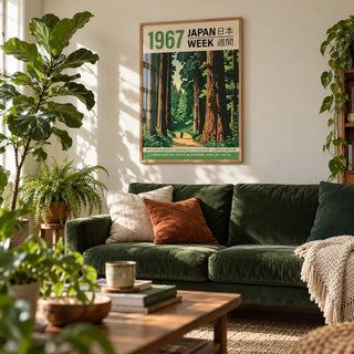Japanese Woodblock Prints for Sale, framed on the wall of a plant-filled living room