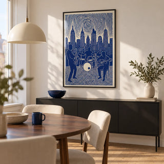 Jazz Band Wall Art, framed on the wall of a compact modern dining room in a UK flat with a warm white wall and pale oak floor