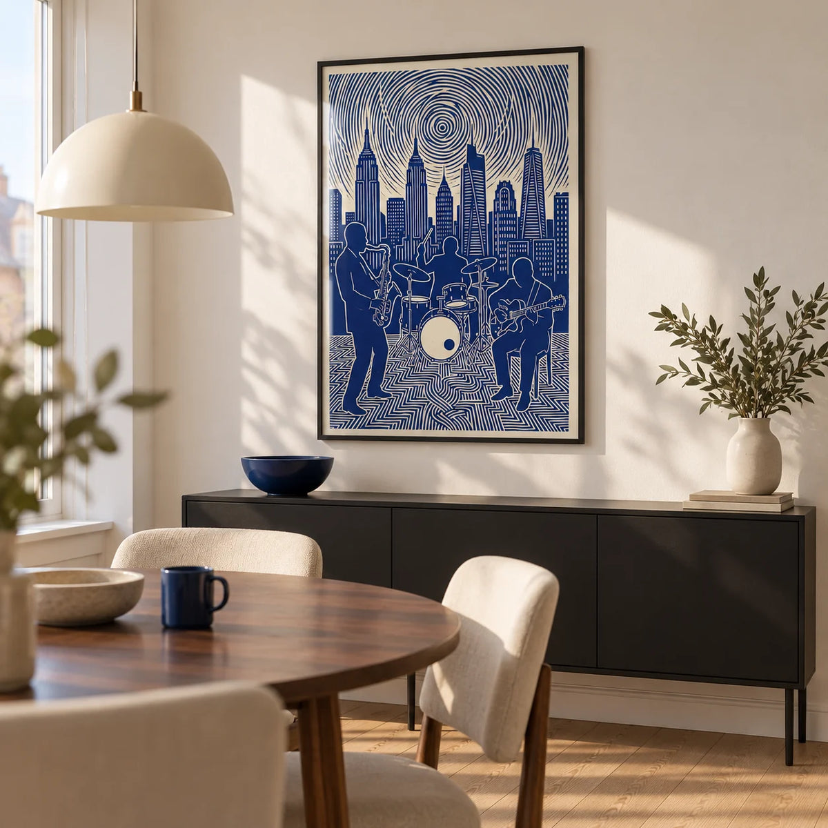 Jazz Band Wall Art, framed on the wall of a compact modern dining room in a UK flat with a warm white wall and pale oak floor