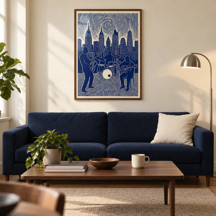 Jazz Band Wall Art, framed on the wall of a modern living room in a UK city flat with a warm ivory wall and walnut floor