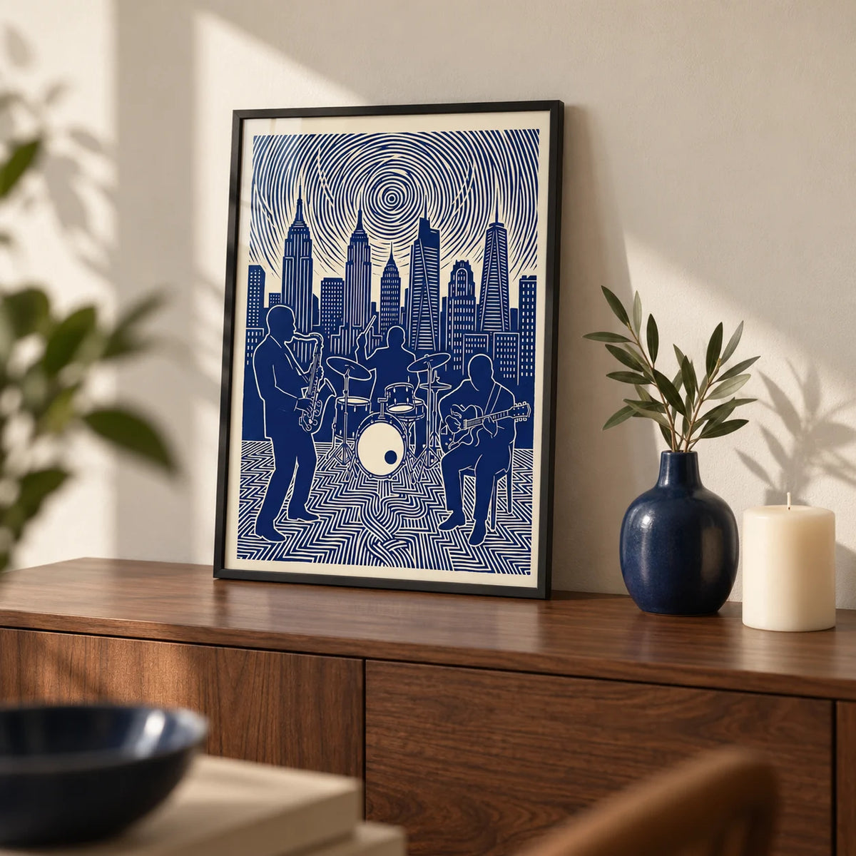 Jazz Band Wall Art, a small A4 framed print leaning on a walnut sideboard in a living room