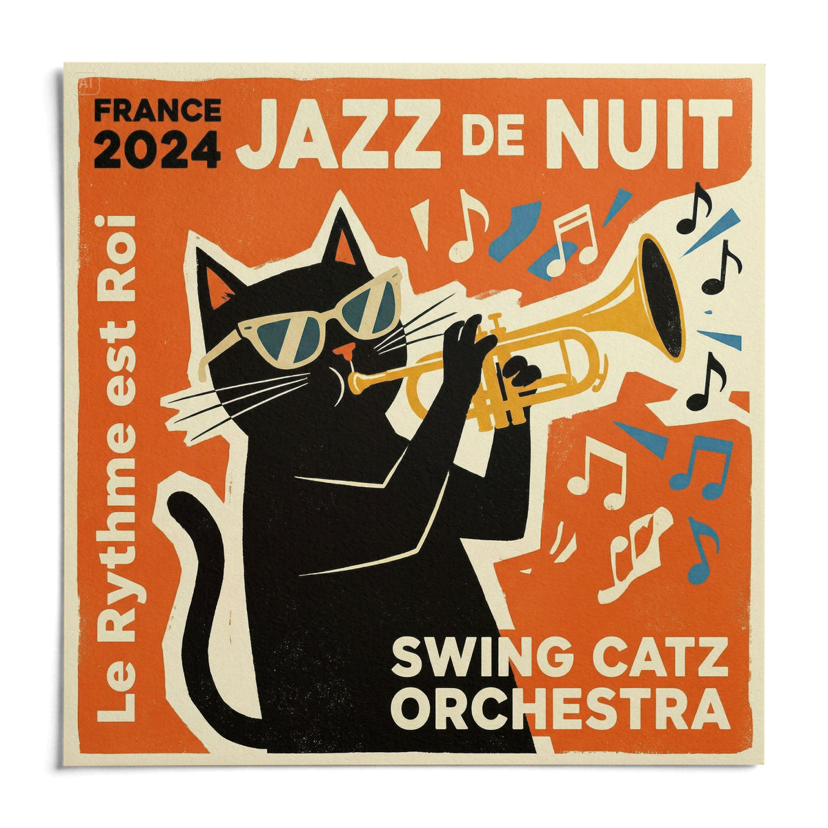 Jazz Cat Art, shown as an unframed paper print on a plain white background