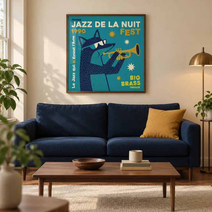 Jazz Festival Art Print, framed on the wall of a modern living room in a UK city flat with warm cream walls and a walnut floor