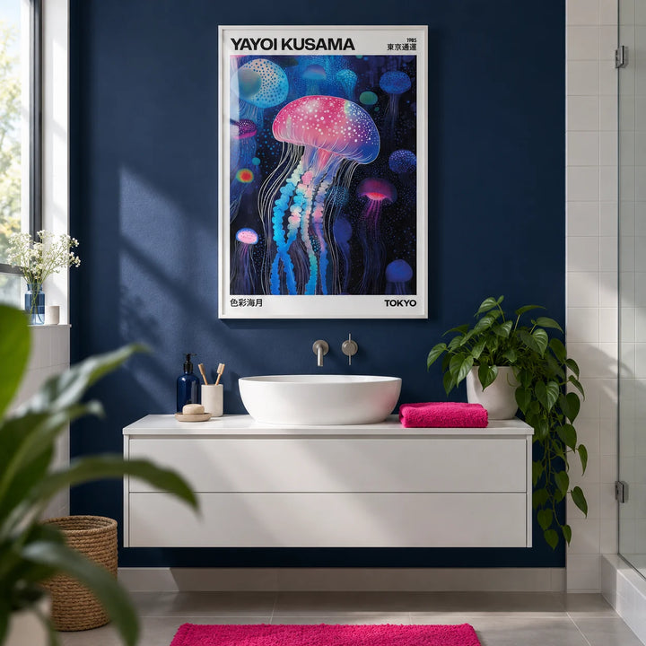 Jelly Fish Wall Art, framed on the wall of a modern bathroom with a deep navy painted wall and plain white tiles