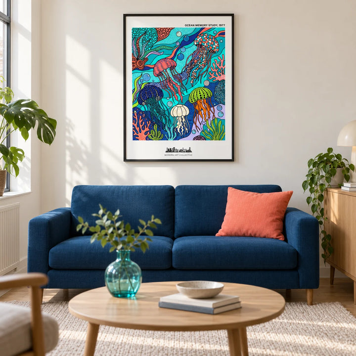 Jellyfish Ocean Art Print, framed on the wall of a modern living room in a UK city flat with a warm white wall and pale oak flooring