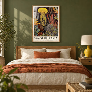 Jellyfish Poster, framed on the wall of a calm modern bedroom with a deep olive green painted wall