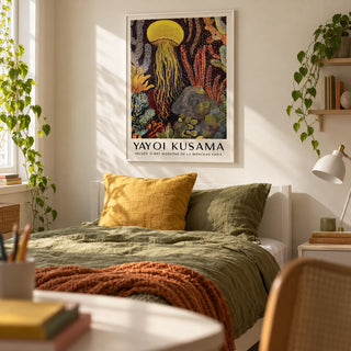 Jellyfish Poster, framed on the wall of a calm teen girl's bedroom (13-17) with a cream wall