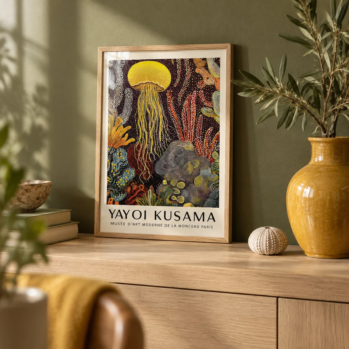 Jellyfish Poster, a small A4 framed print leaning on a pale oak shelf in a living room