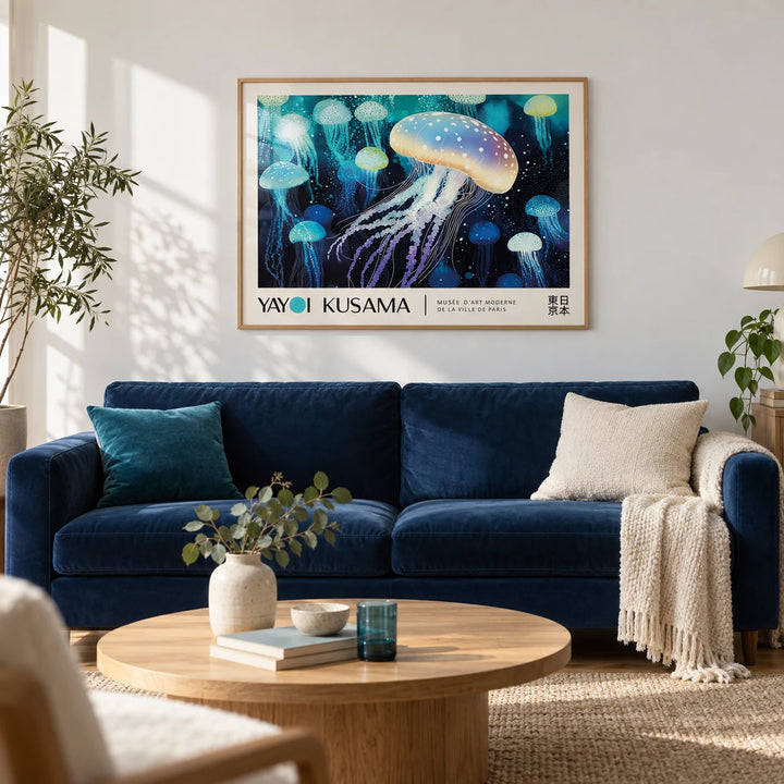 Jellyfish Wall Art, framed on the wall of a calm modern living room with a soft white wall and a light oak floor