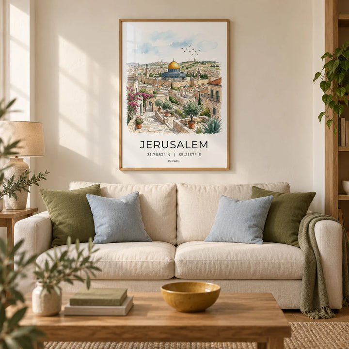 Jerusalem Art Print, framed on the wall of a warm living room in a UK terraced house with ivory plaster walls and oak floorboards