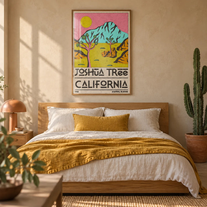 Joshua Tree Art Print, framed on the wall of a desert-modern bedroom with a warm sand limewashed wall
