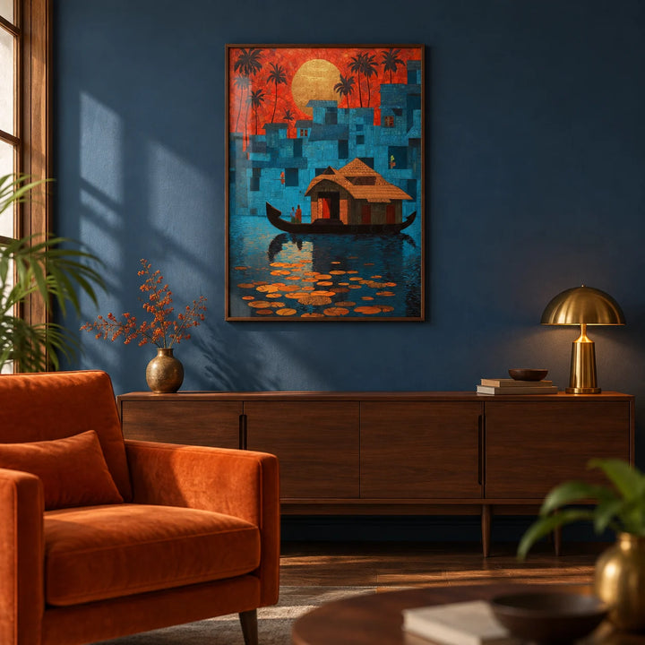 Kerala Wall Art, framed on the wall of a warm Indian-modern living room with a deep indigo painted wall and a plain dark wood floor