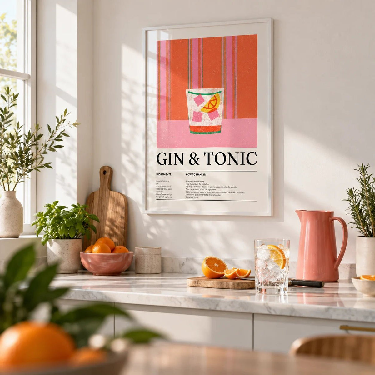 Kitchen Art Print, framed on the wall of a bright modern kitchen