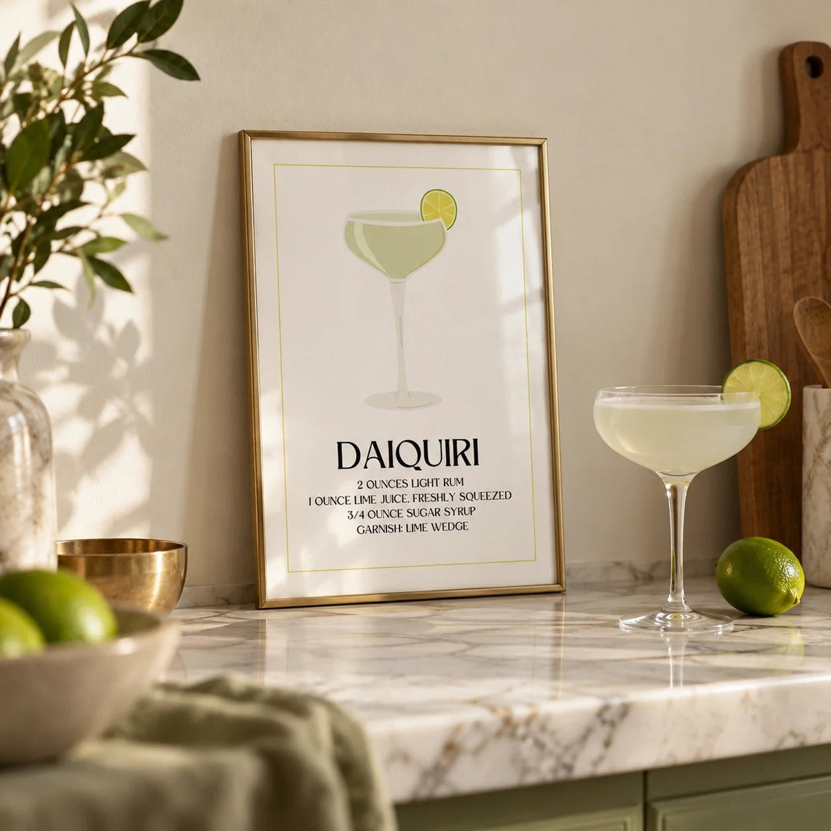 Kitchen Pictures Decor, a small A4 framed print leaning on a marble kitchen shelf