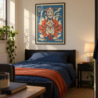 Kitsune Mask Art, framed on the wall of a Japanese illustration enthusiast's single bedroom in a young adult's UK flat