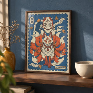 Kitsune Mask Art, a small A4 framed print leaning on a walnut shelf in a living room