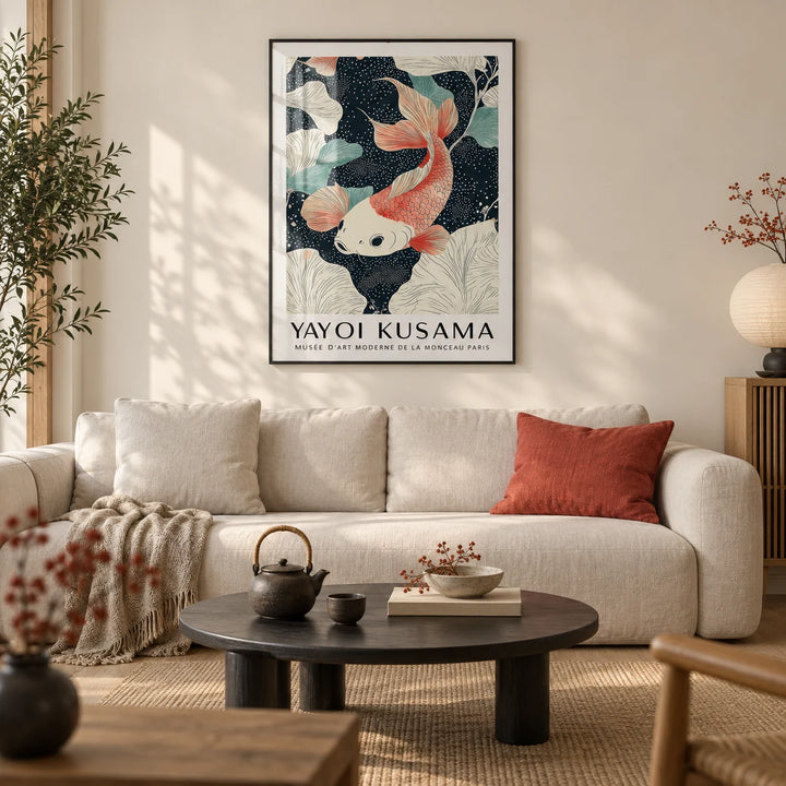 Koi Carp Wall Art, framed on the wall of a calm Japandi living room with a warm white wall and a light oak floor