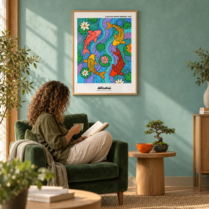 Koi Fish Wall Art, framed on the wall of a calm Japanese-modern living room with one soft turquoise limewashed wall and a pale oak floor