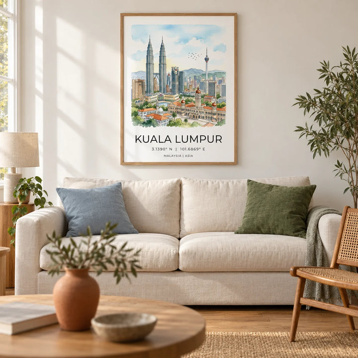Kuala Lumpur Art Print, framed on the wall of a relaxed living room in a UK city flat with warm white plaster walls
