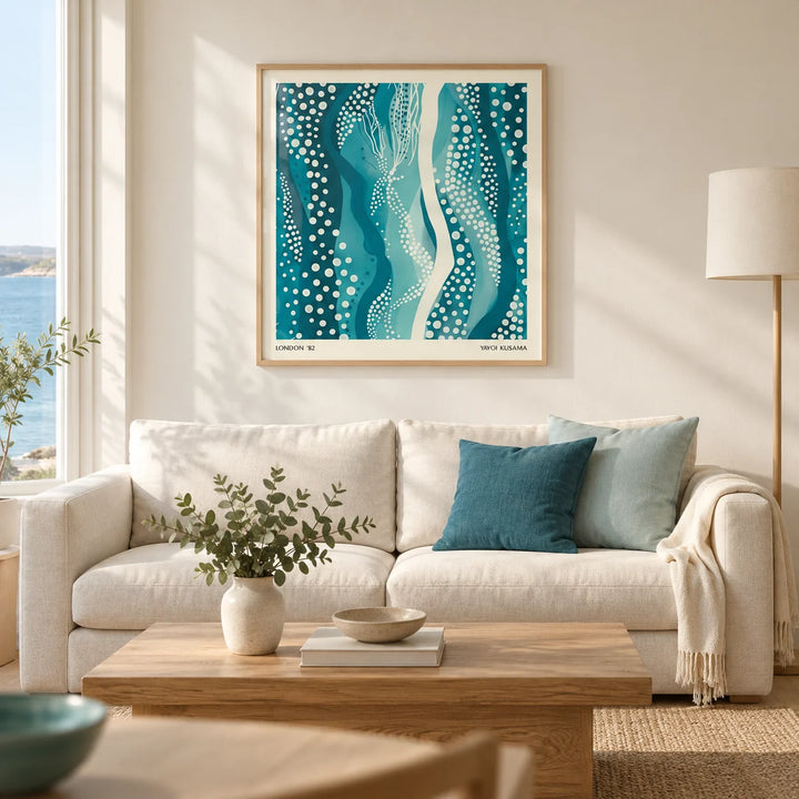 Kusama Paintings, framed on the wall of a modern living room in a UK seaside flat with warm white walls