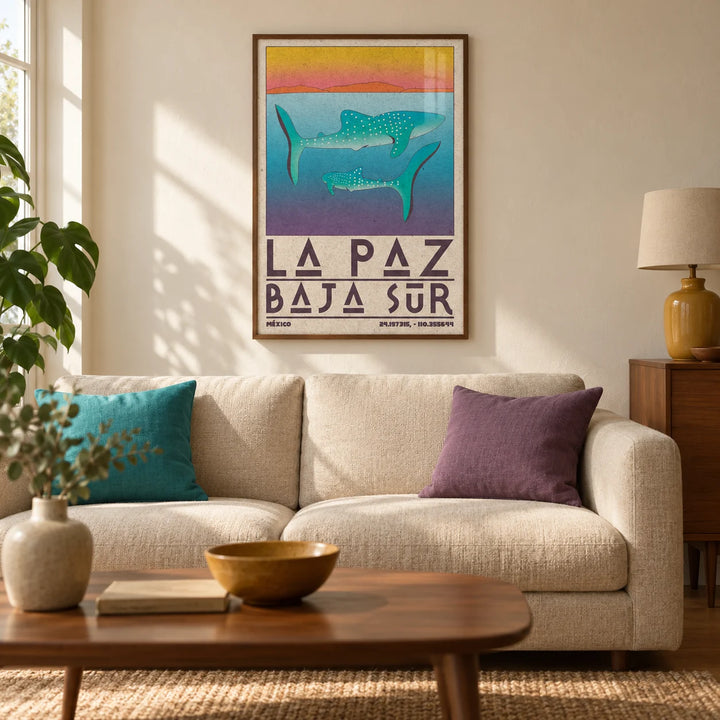 La Paz Mexico Poster, framed on the wall of a warm mid-century living room in a UK terraced home with cream plaster walls and a walnut floor