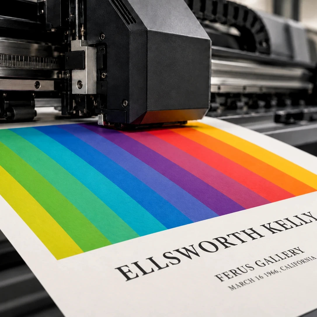 A large-format printer printing a colourful striped art print on matte paper