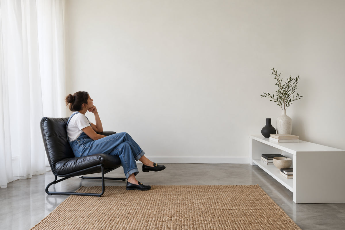 Woman in a leather chair looking at a large blank white wall, used to show print sizes to scale