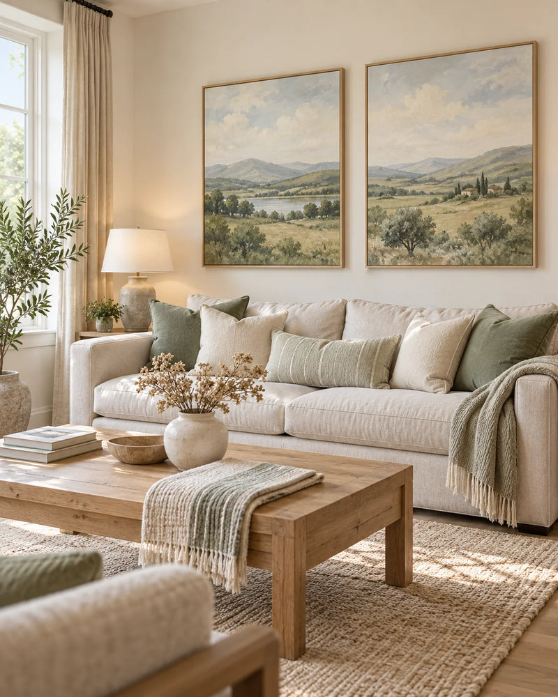 Staged living room with two landscape prints above a sofa