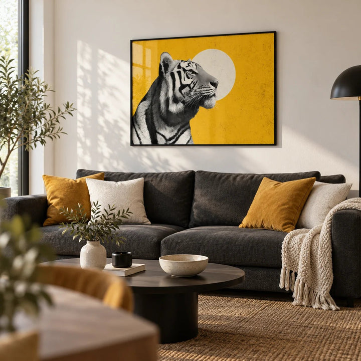 Landscape Tiger Wall Art, framed on the wall of a modern living room