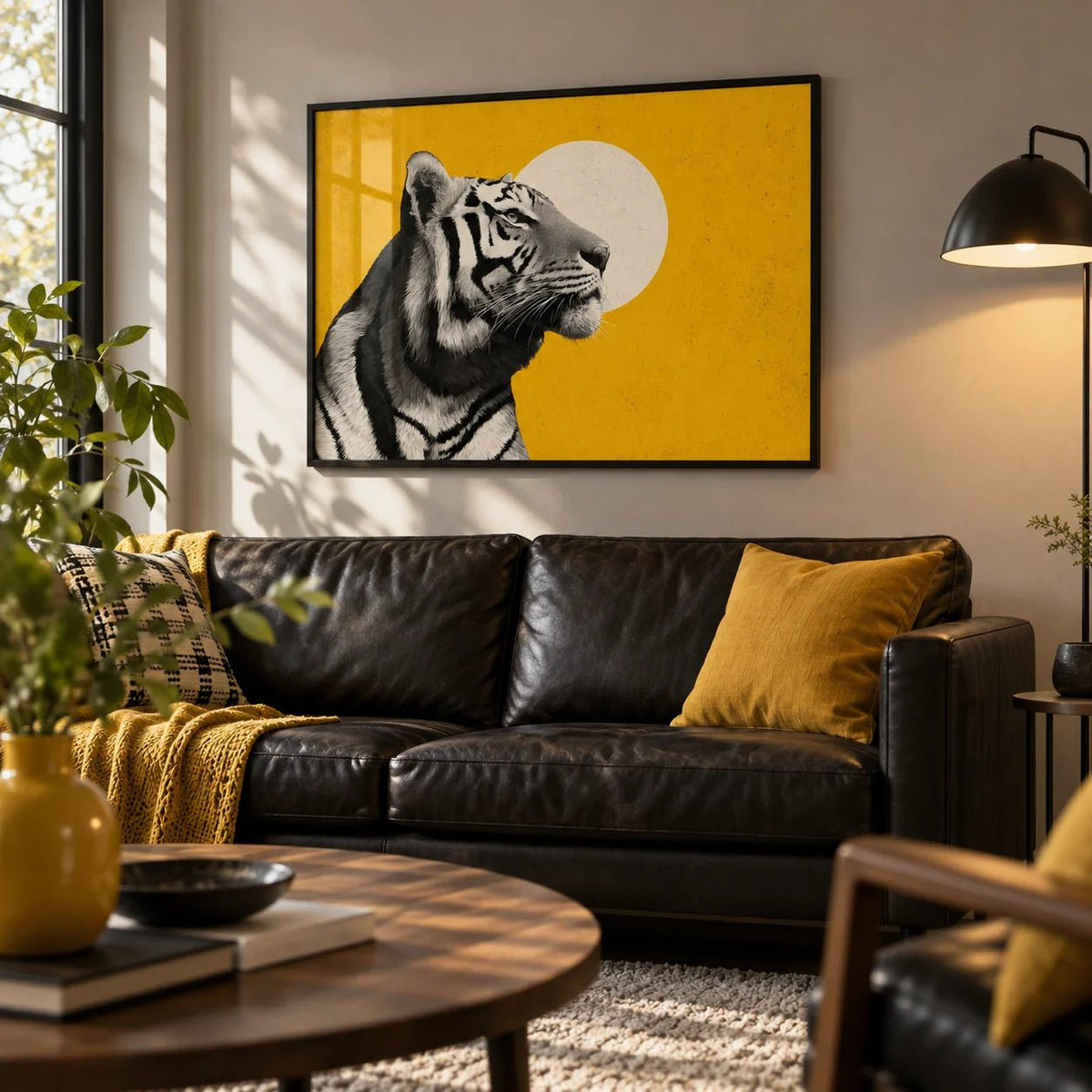 Landscape Tiger Wall Art, framed on the wall of a stylish den in a living room
