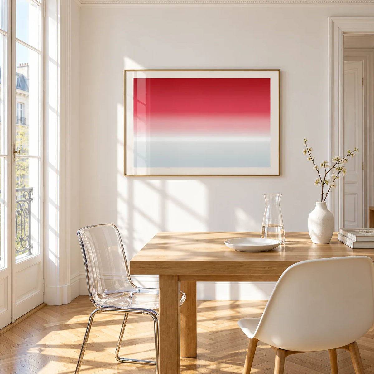 Cherry Ice Horizon Print, framed on the wall of a bright dining corner