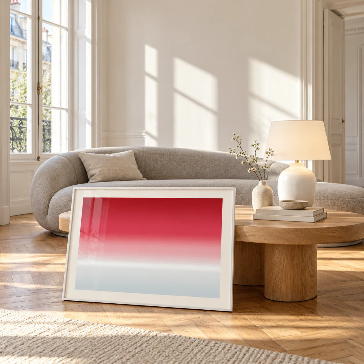 Cherry Ice Horizon Print, framed and leaning against a coffee table in a bright living room