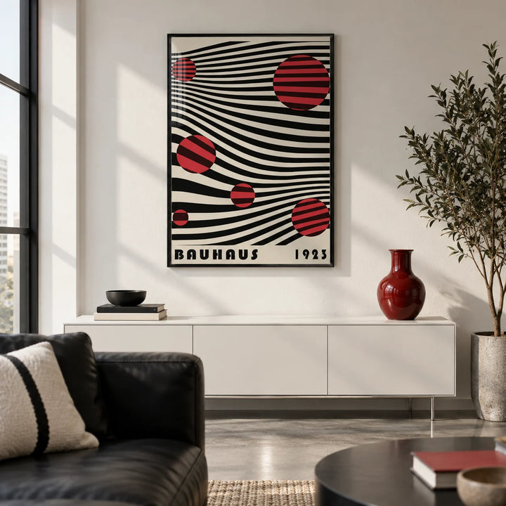 Large Bauhaus Wall Art, framed on the wall of a modern city-flat living room with a polished concrete floor