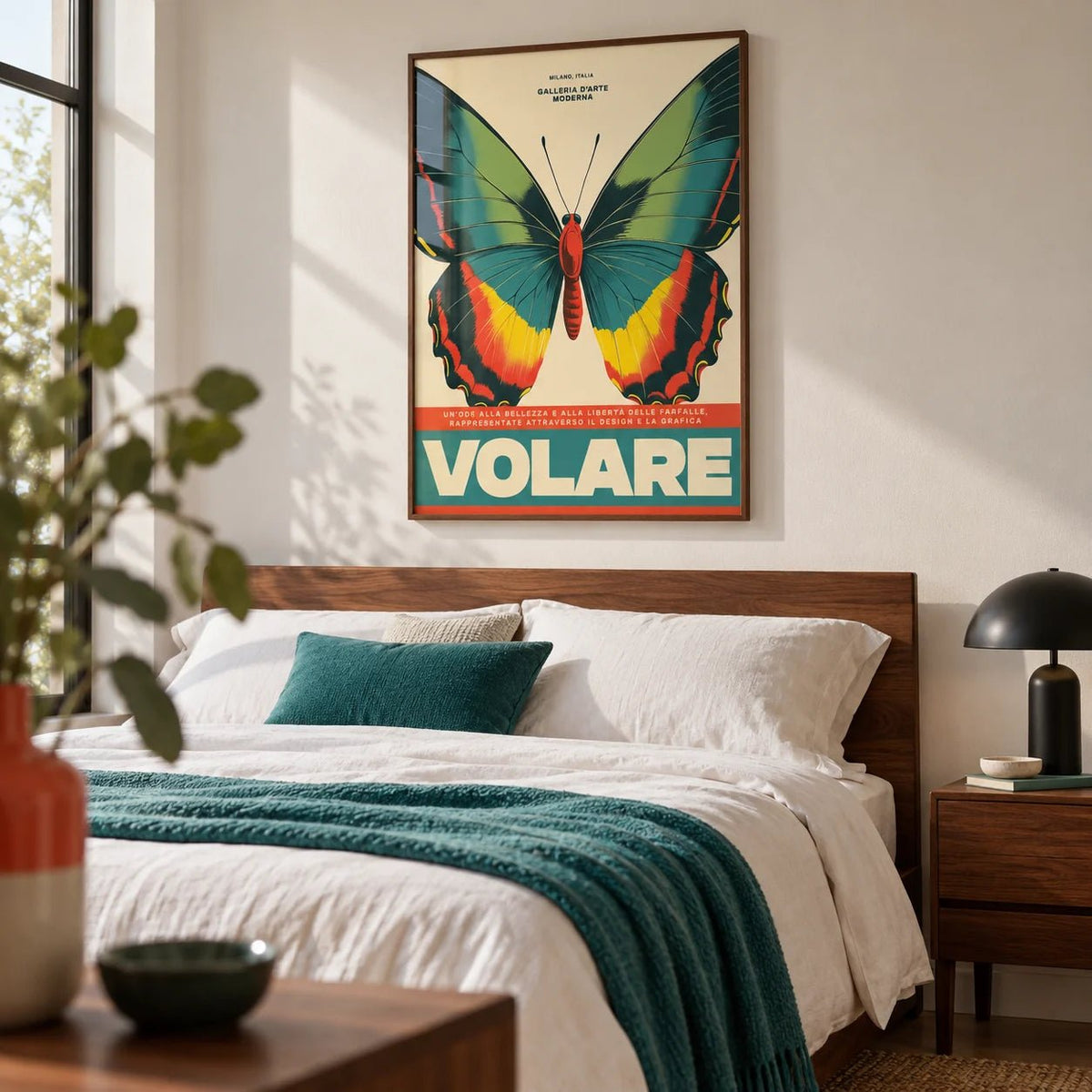 Large Butterfly Wall Art, framed on the wall of a crisp modern bedroom