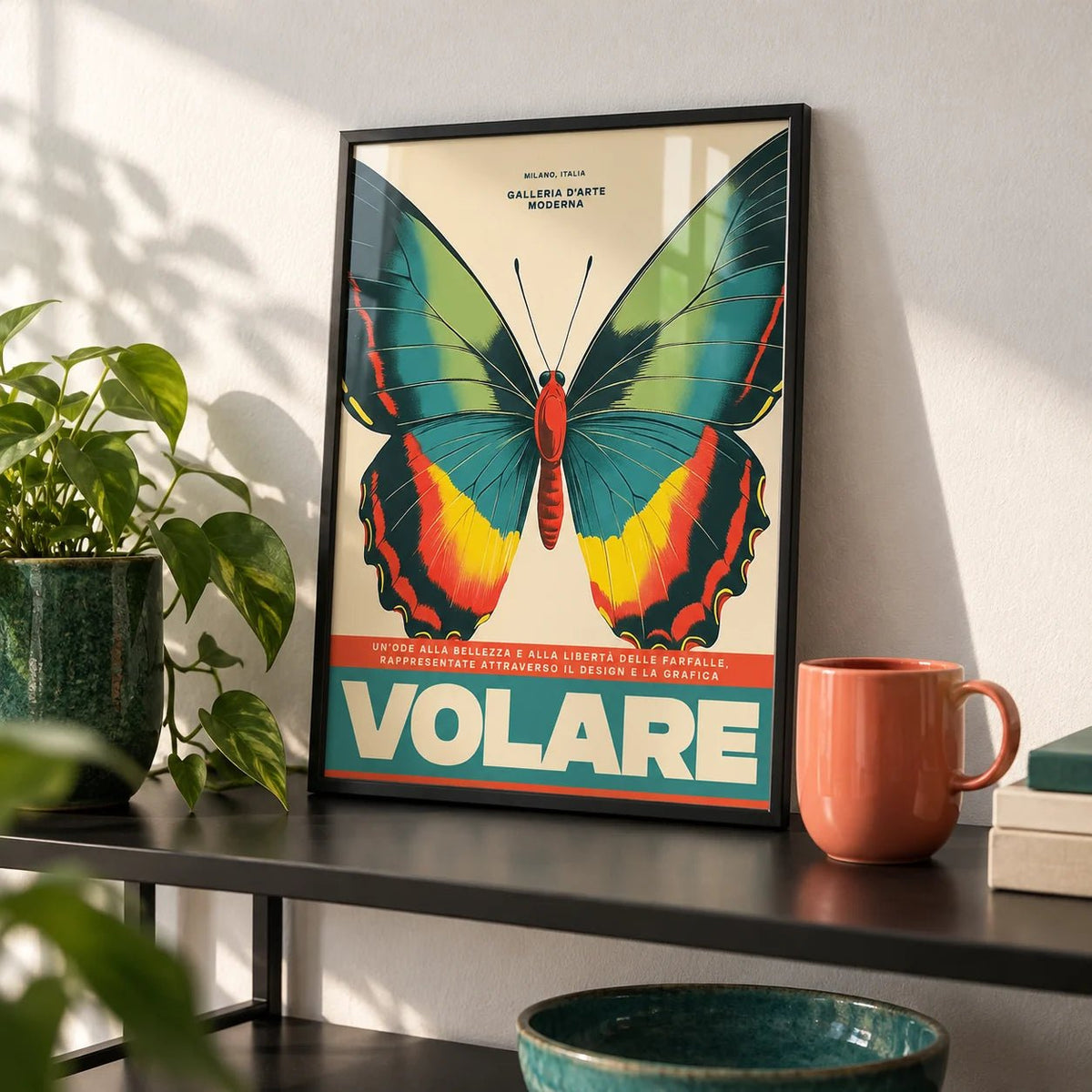 Large Butterfly Wall Art, a small A4 framed print leaning on a black metal shelf in a living room