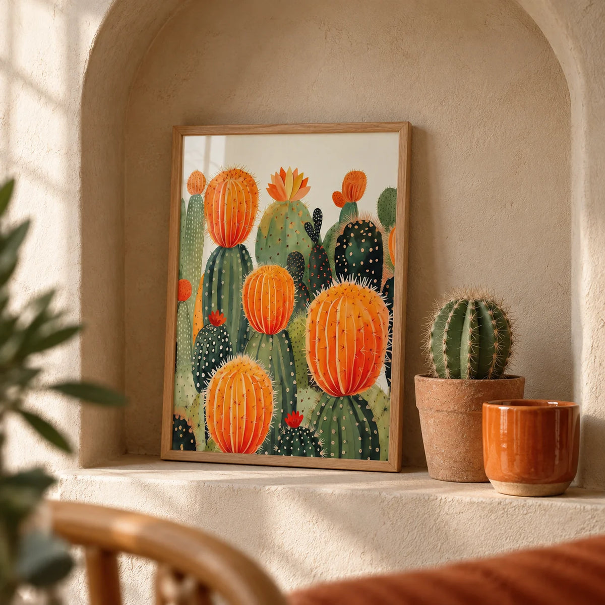 Large Cactus Wall Art, a small A4 framed print leaning on a shelf in a living room