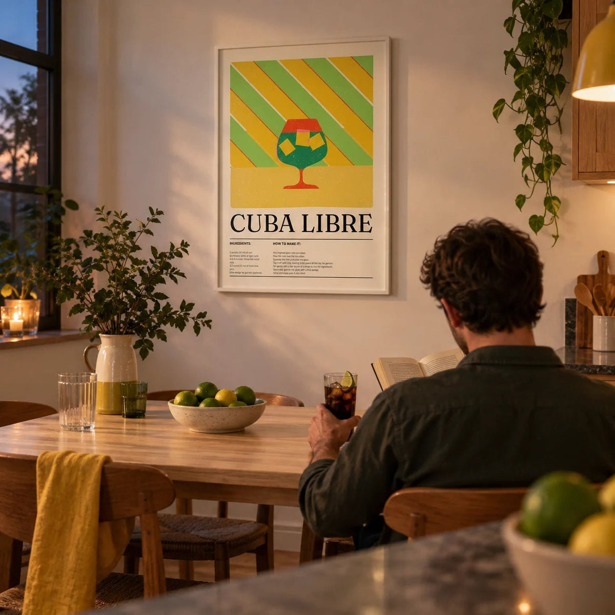 Large Colorful Wall Art, framed on the wall of a kitchen-diner with a white wall
