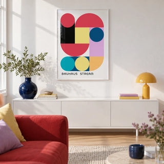 Large Colourful Wall Art, framed on the wall of a bright city flat living room with a white wall