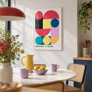 Large Colourful Wall Art, framed on the wall of a modern kitchen-diner with a white wall