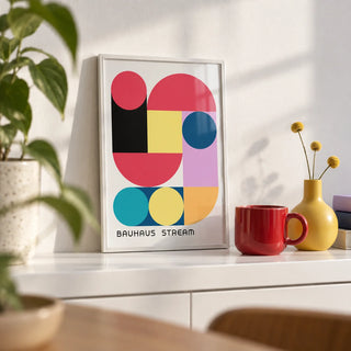 Large Colourful Wall Art, a small A4 framed print leaning on a white shelf in a living room