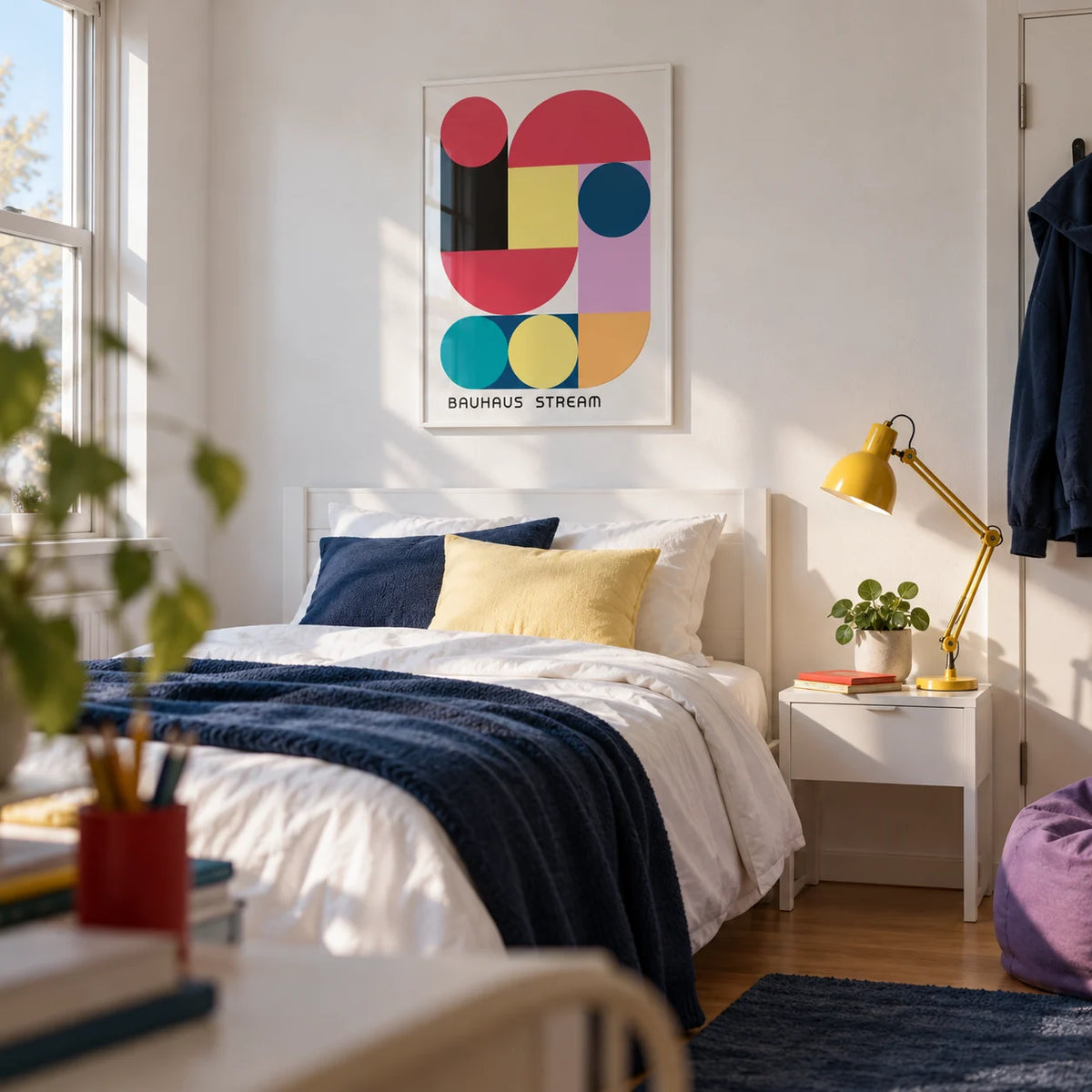 Large Colourful Wall Art, framed on the wall of a teenager's bedroom (14-17) with a white wall