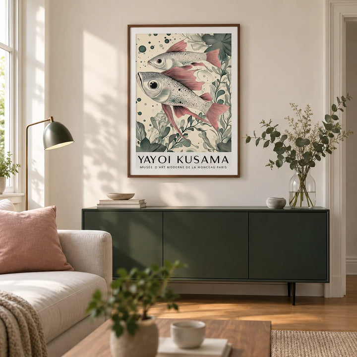 Large Fish Wall Art, framed on the wall of a contemporary living room in a UK terraced house with warm white walls and oak floorboards