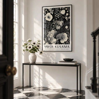 Large Floral Wall Art, framed on the wall of a crisp hallway with a white wall and a plain black and white floor